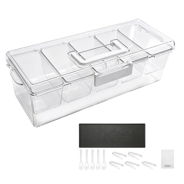 Chilled Condiment Server Caddy, 5 Compartment Ice Cooled Serving Container, Plastic Fruit Garnish Tray Platter with Lid, for Taco Salad Bar Accessories, Party Home Restaurant Supplies