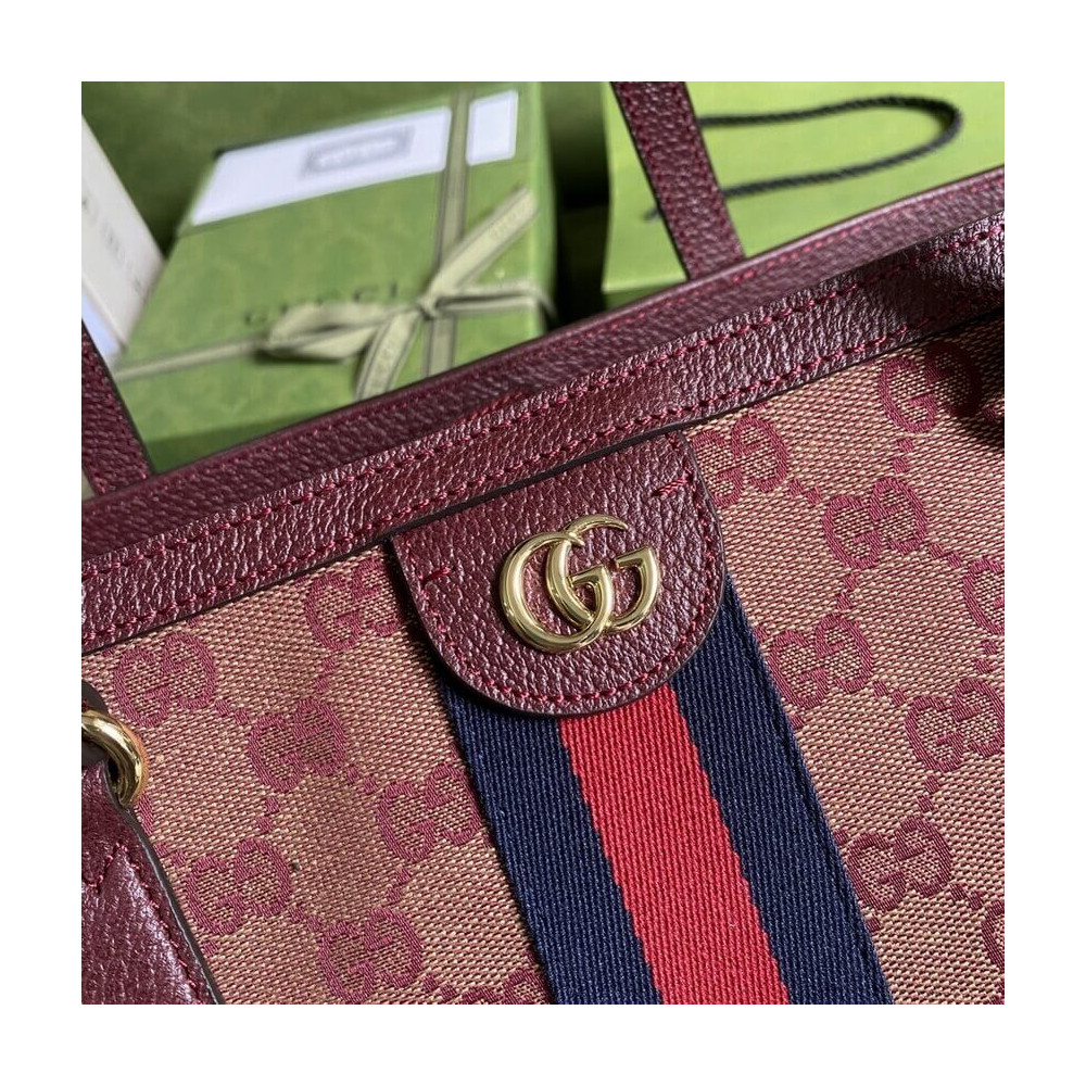 Gucci Ophidia Medium Tote With Web in Burgundy GG Canvas