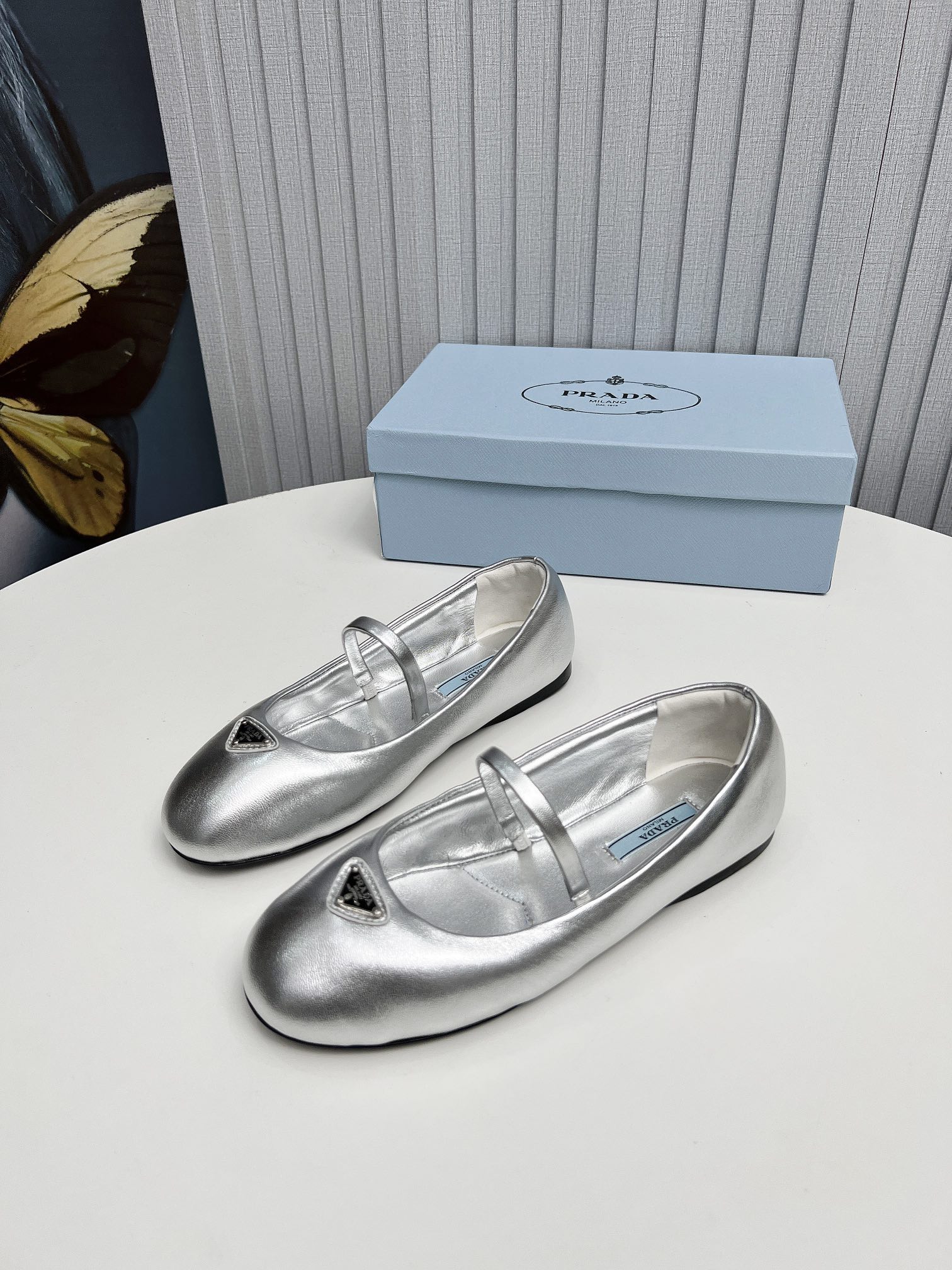 Prada Soft Padded Nappa Leather Ballerinas Silver
