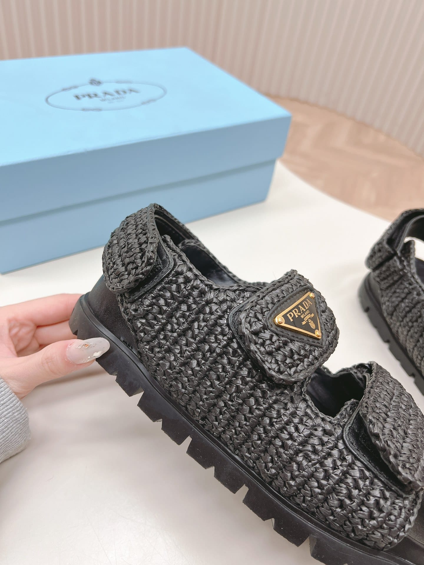 Prada Monolith Crochet Raffia Effect Sandals In Black