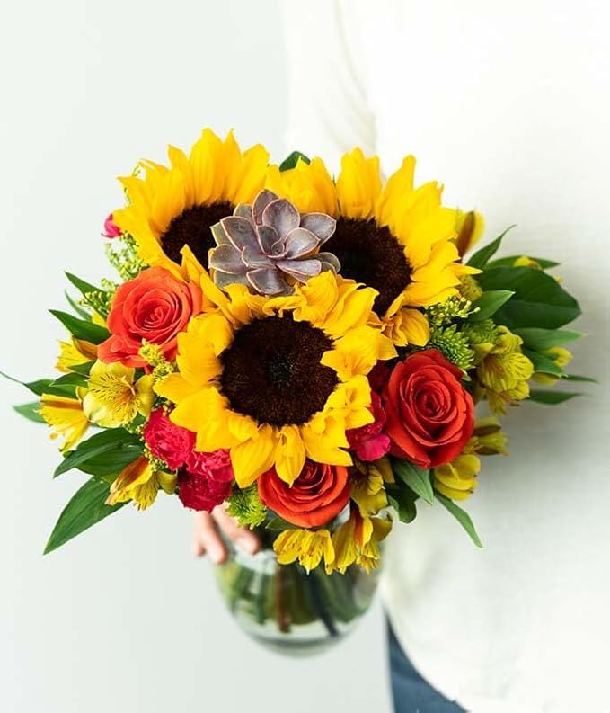 From You Flowers - Sweetest Sunflower Succulent Bouquet with Glass Vase | Fresh Flower Bouquets for Birthday, Anniversary, Get Well or Celebration