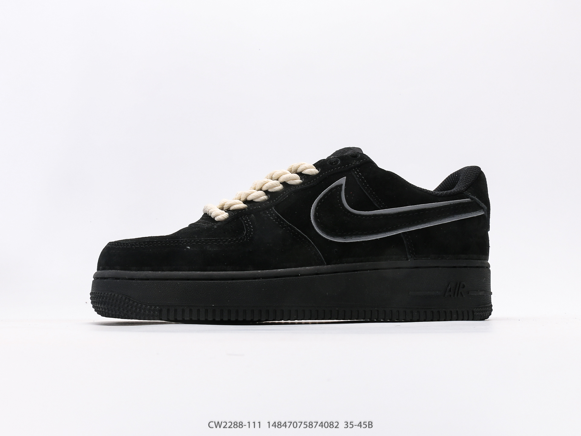 Nike Air Force 1 Low Black Suede Reflective Swoosh Thick Rope Laces