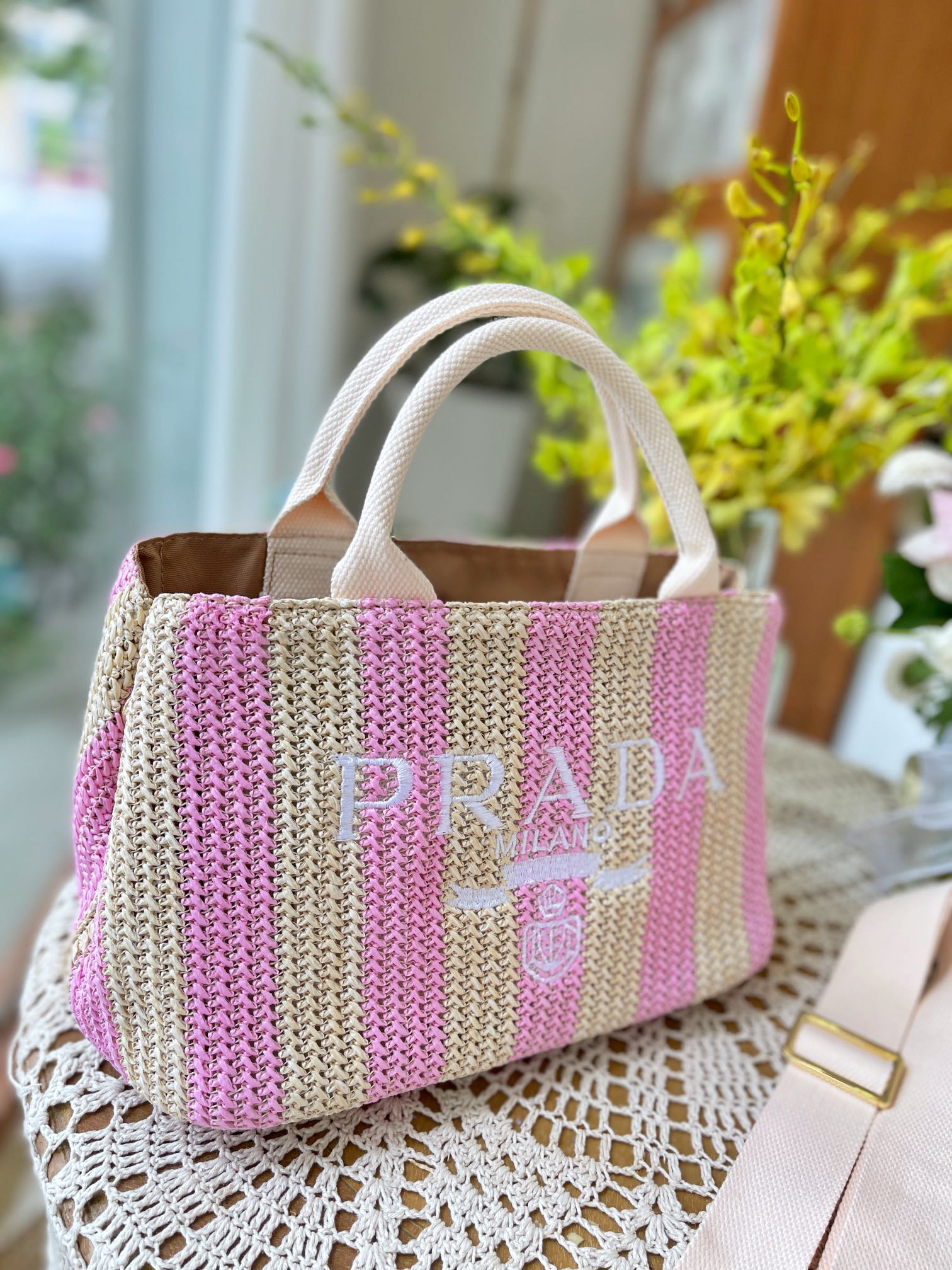 Prada Raffia Tote Bag Tan And Pink