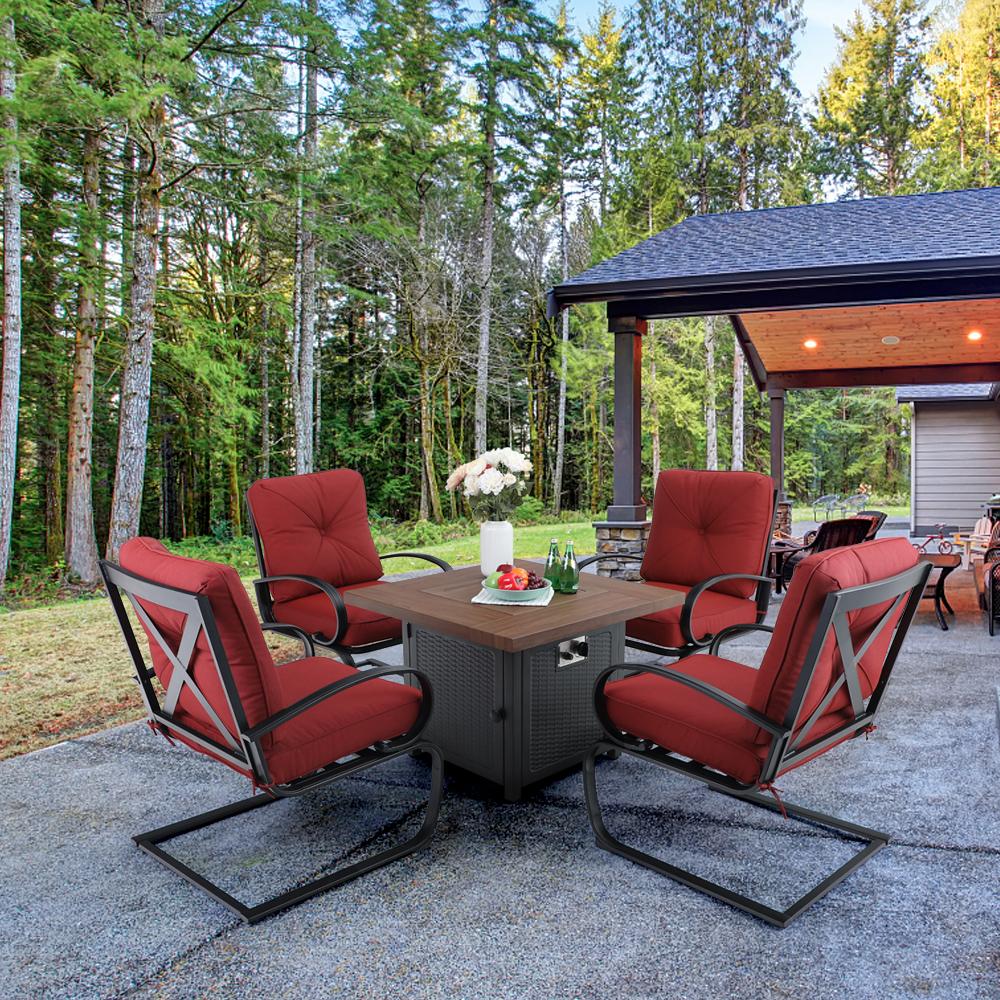 5-Piece Outdoor Fire Pit Set C-spring Chairs With Cushions & 50,000BTU Wood-look Fire Pit Table