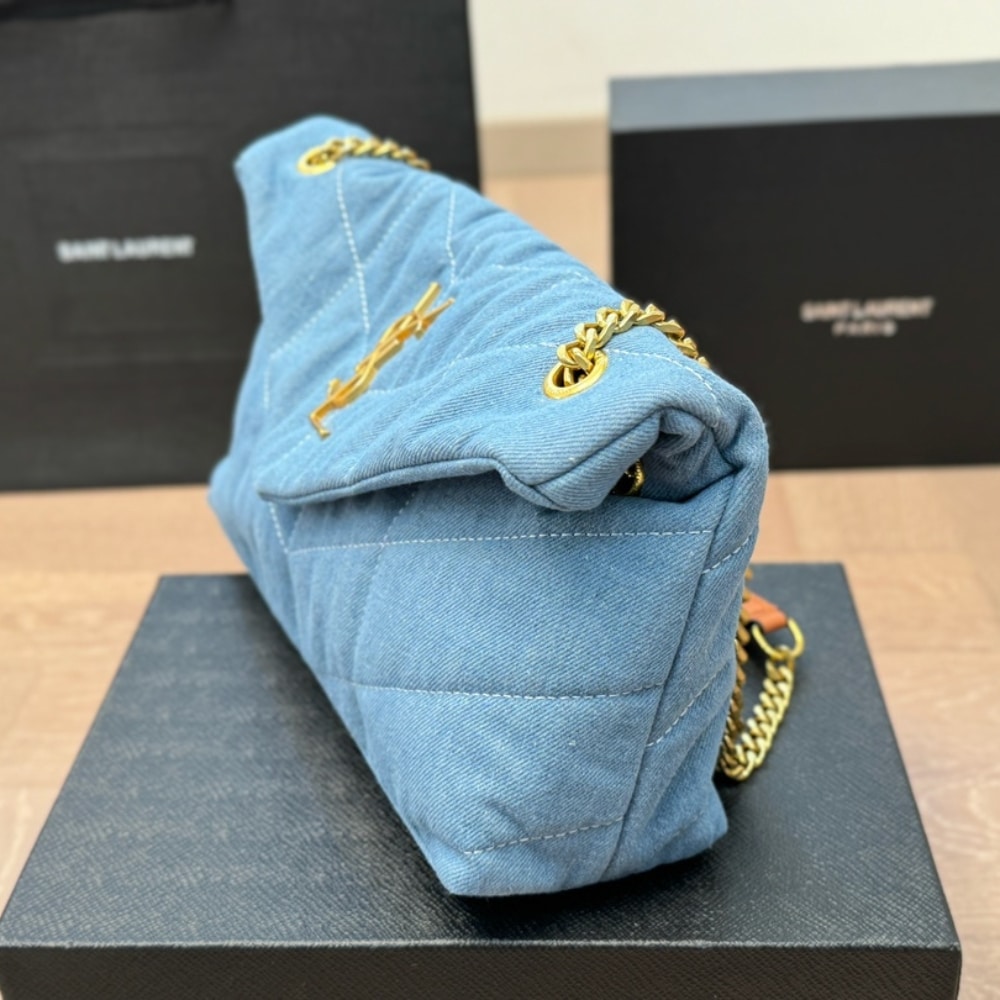 Saint Laurent Loulou Puffer Small Shoulder Bag In Blue Denim 28Cm