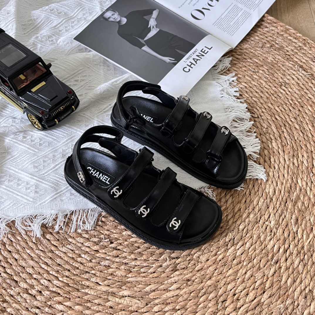 Chanel Triple Velcro Strap Sandals Black G45628 B16403 94305