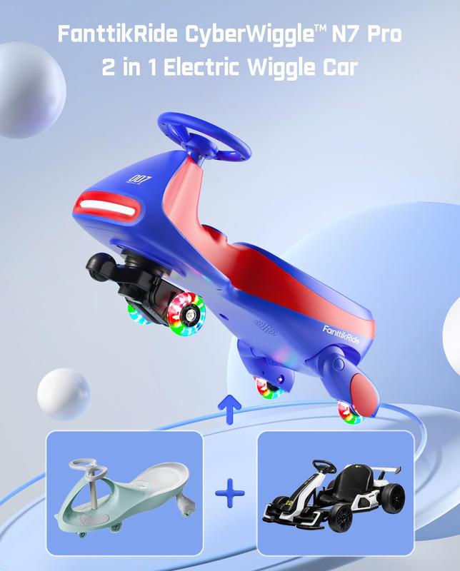 【Regalo  para niños】FanttikRide N7 Pro coche eléctrico 12V, con pedal, batería, CyberWiggle, coche de swing 2 en 1, 2 velocidades, anti vuelco, ruedas intermitentes, Bluetooth, a partir de 3 años, 150 libras,