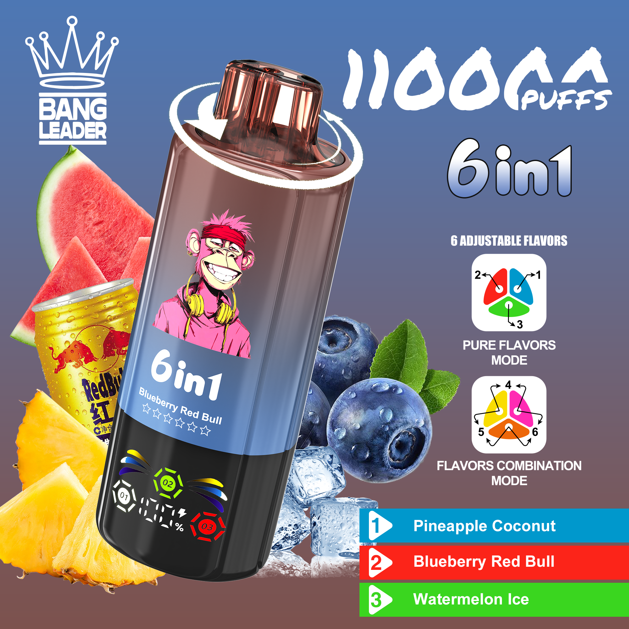 Bang Leader 110K Puffs 6-in-1 Prefilled  Vape | 6 Flavors in 1 Device,  Rechargeable, 3%/5%