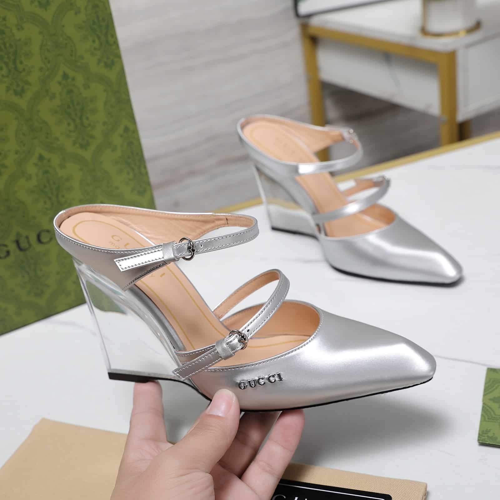 Gucci Women’S Wedge Mule Silver
