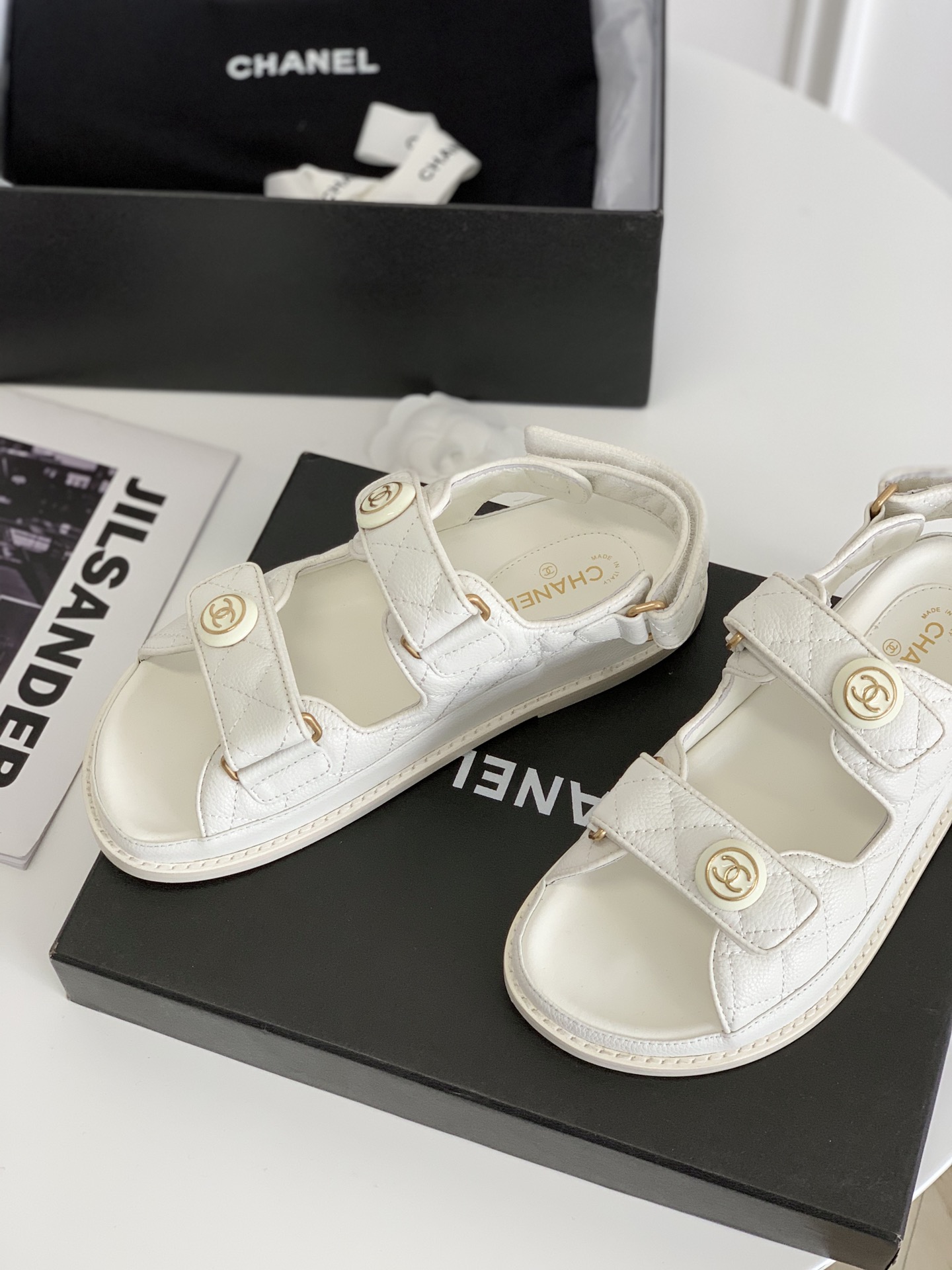Chanel Cc Button Velcro White Sandals Grained Leather