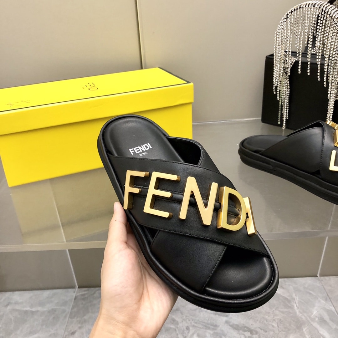 Fendi Fendigraphy Leather Slides Black 8X8289Ai1Rf1H1K