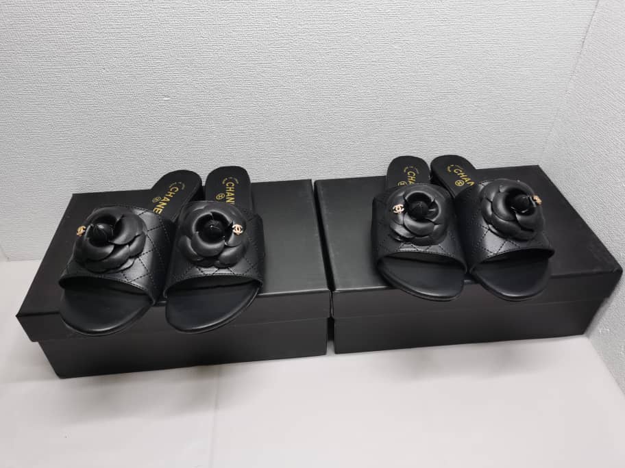 Chanel Camellia Leather Slides Black