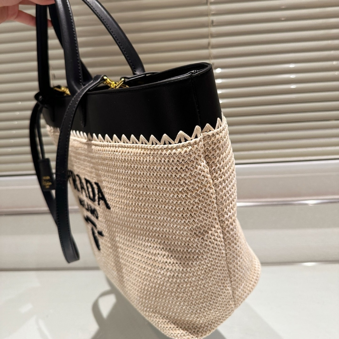 Prada Crochet And Leather Tote Bag Tan And Black 33Cm