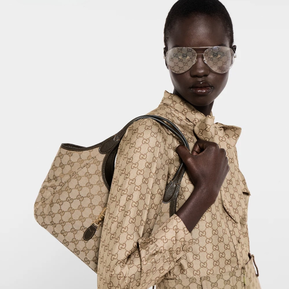 Gucci Mercato Small Tote Bag Sand And Brown GG Canvas 25cm 866646 FAFV2 9651