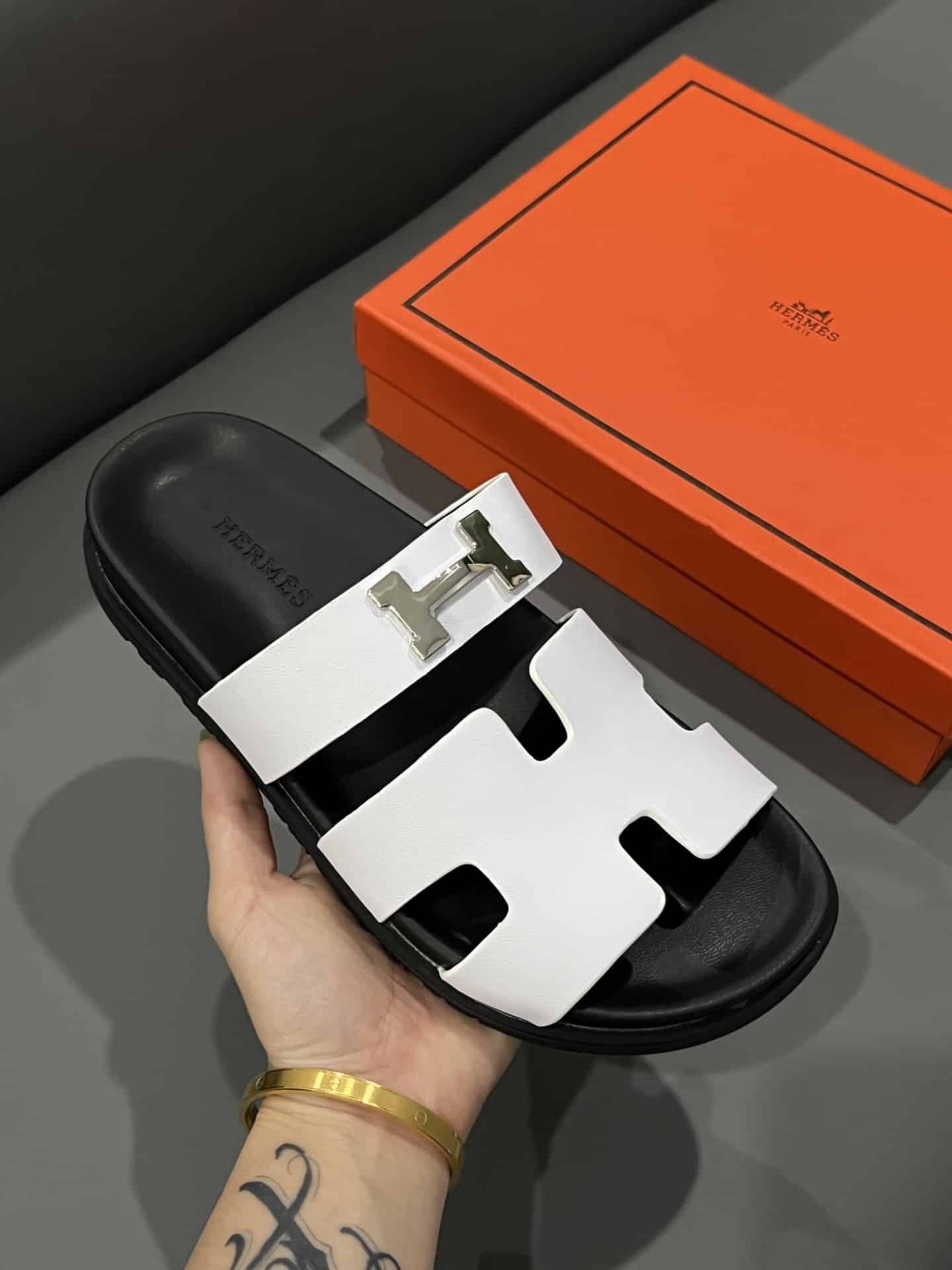 Hermes Chypre Sandal H Logo Silver Hardware White