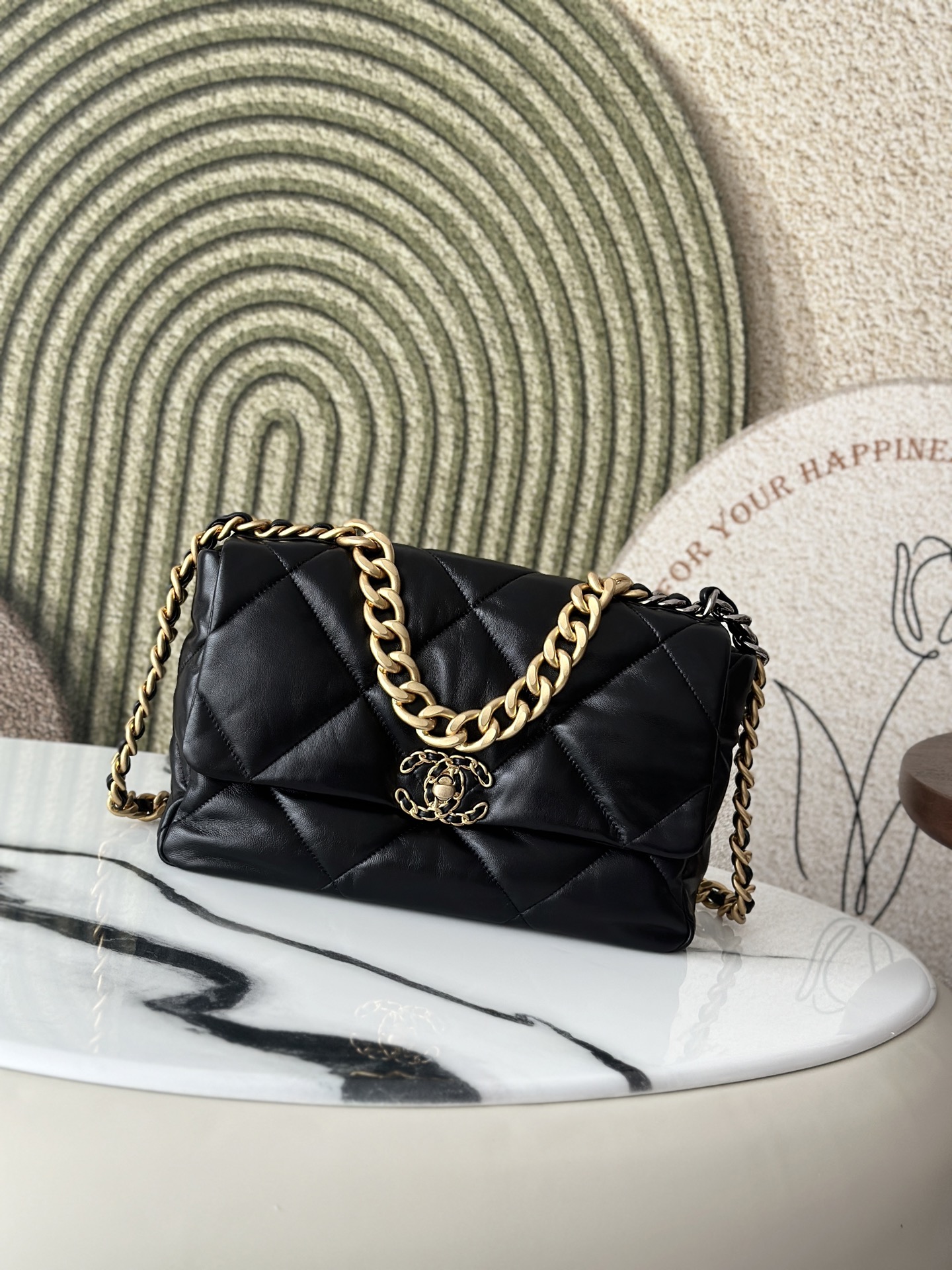 19 Black Goatskin Quilted Flap Bag with Mixed Metal Hardware