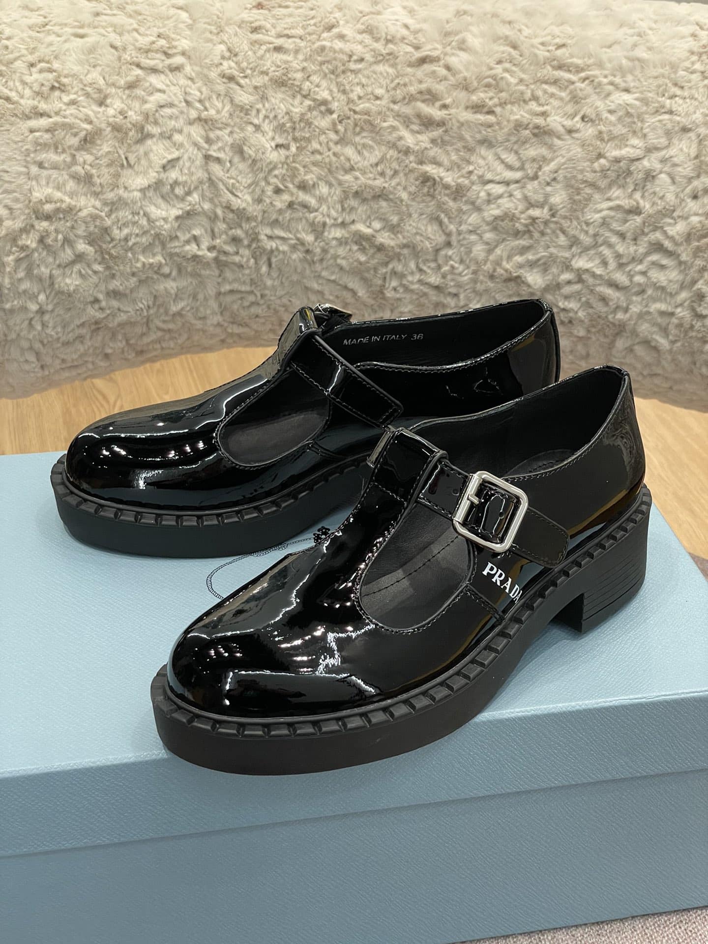 Prada Brushed Leather Mary Jane T Strap Shoes Black 2Ee372 055 F0002