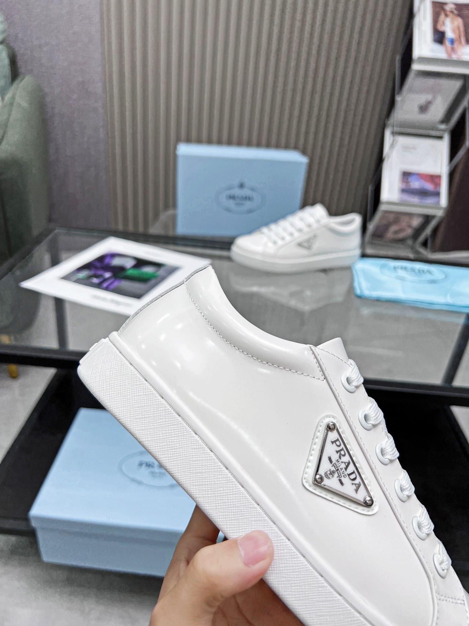 Prada Logo Sneakers In Brushed Leather White