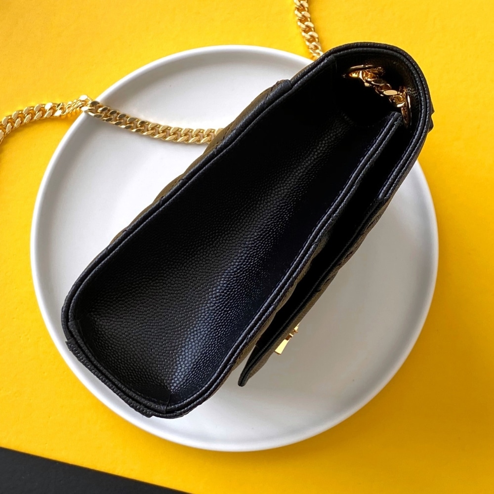 Saint Laurent Envelope Medium In Quilted Grain De Poudre Embossed Leather Black Gold 24Cm 600185Bow911000