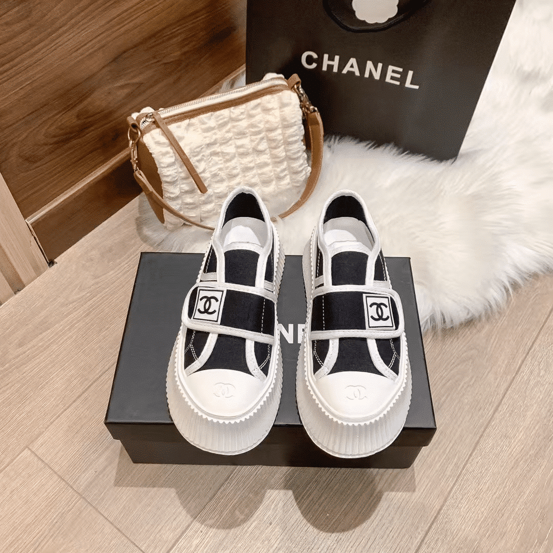 Chanel White CC Cap Toe Slipon Sneaker Black