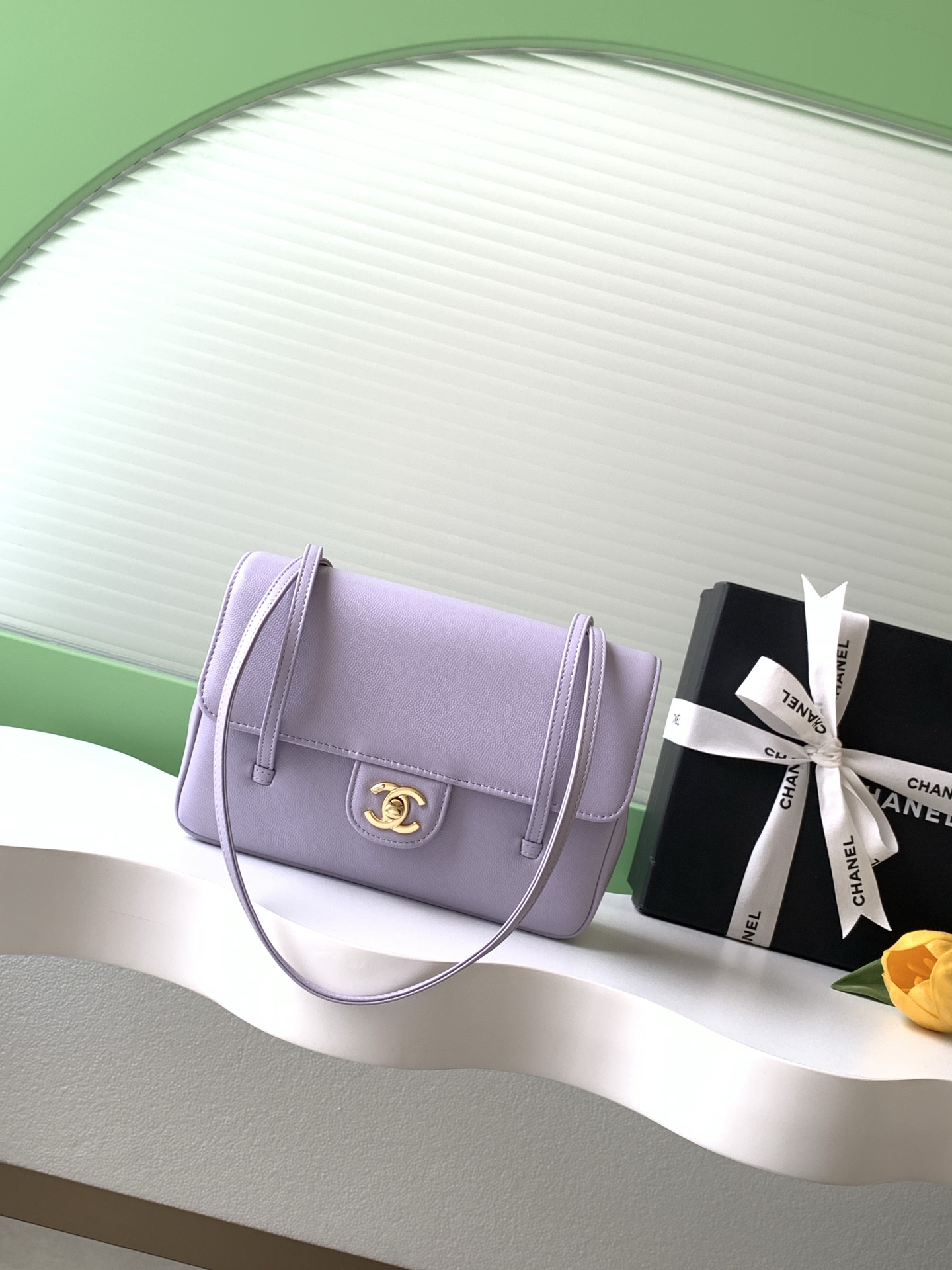 26P Preppy Coco Small Flap Bag in Lavender Grained Shiny Calfskin with Gold-Tone Hardware