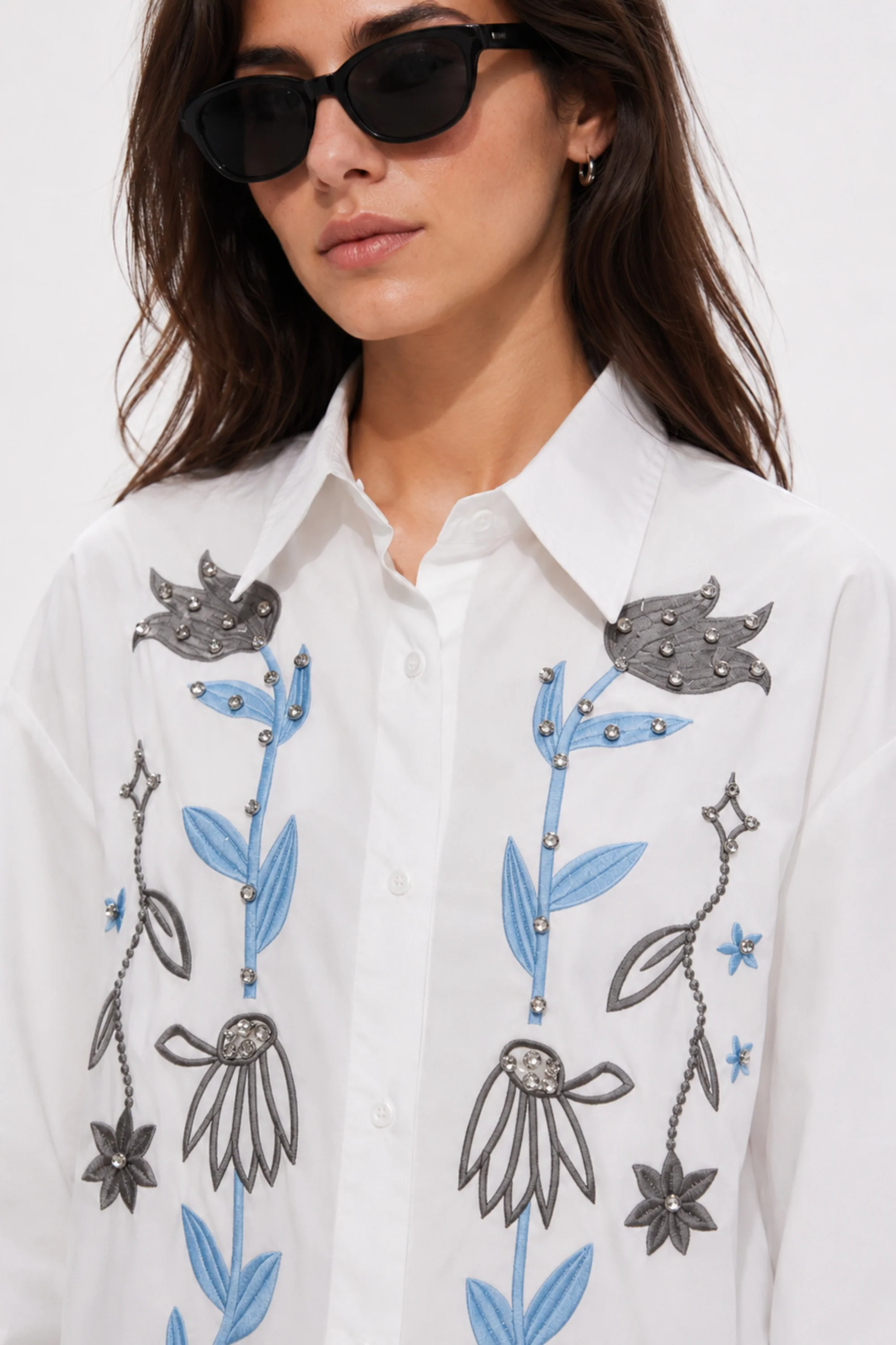 White Botanical Embroidered Shirt