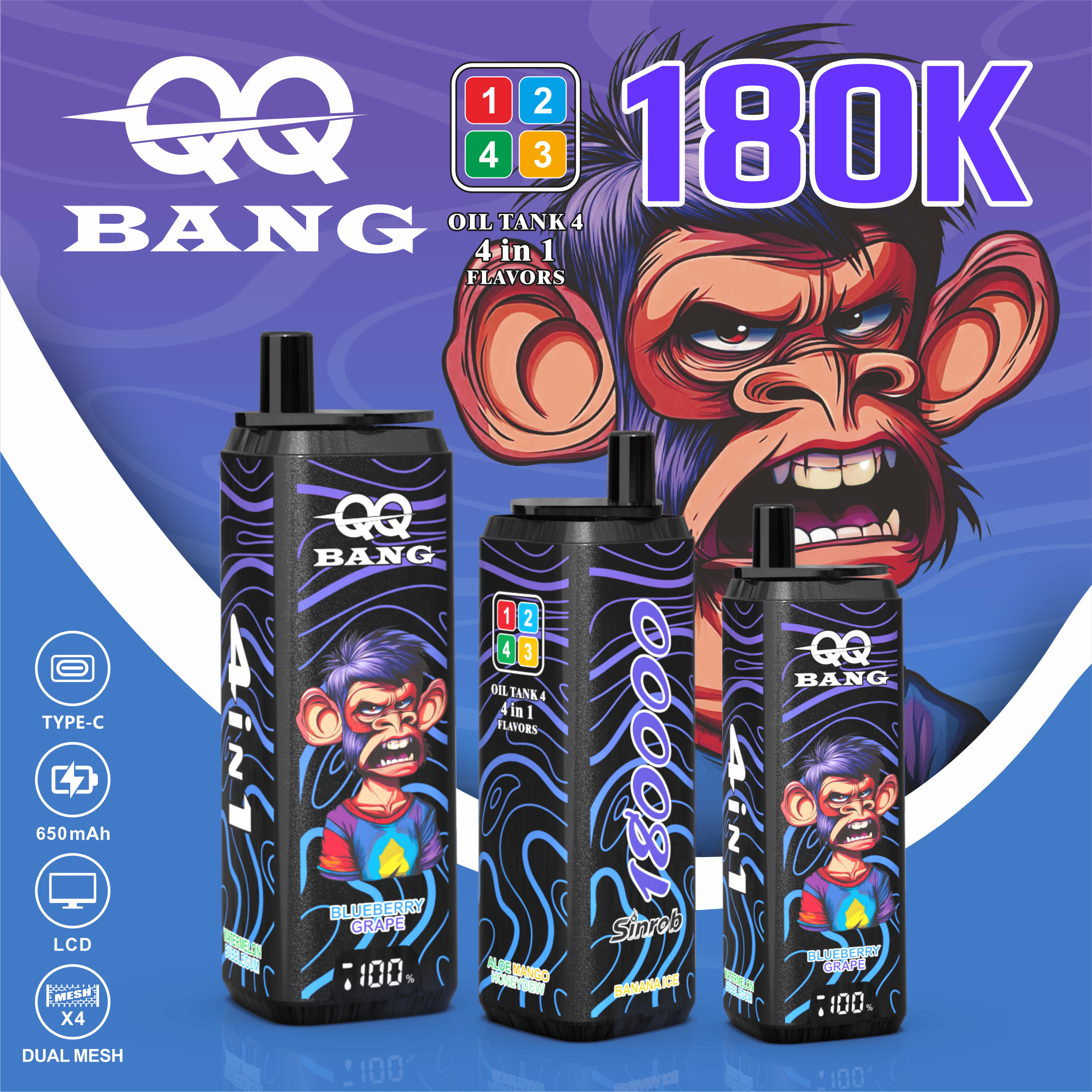 Țigară Electronică QQBANG 180.000 Pufuri (4-în-1) | Ediția „Street Ape” - Ecran LCD, 80ML & Mesh X4