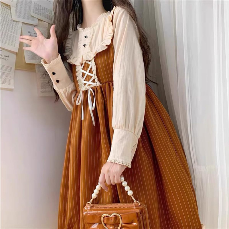 Teen Girls Vintage Striped Patchwork Long Sleeve