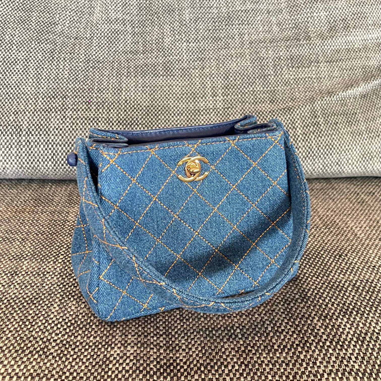 Vintage Blue Denim Quilted Mini Kelly Handbag with Gold-Tone CC Turn-Lock