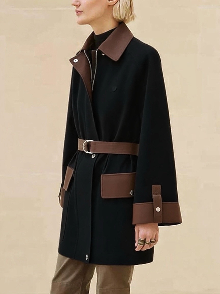 Hermès Long Work Coat with Patch Leather Collar and Pockets