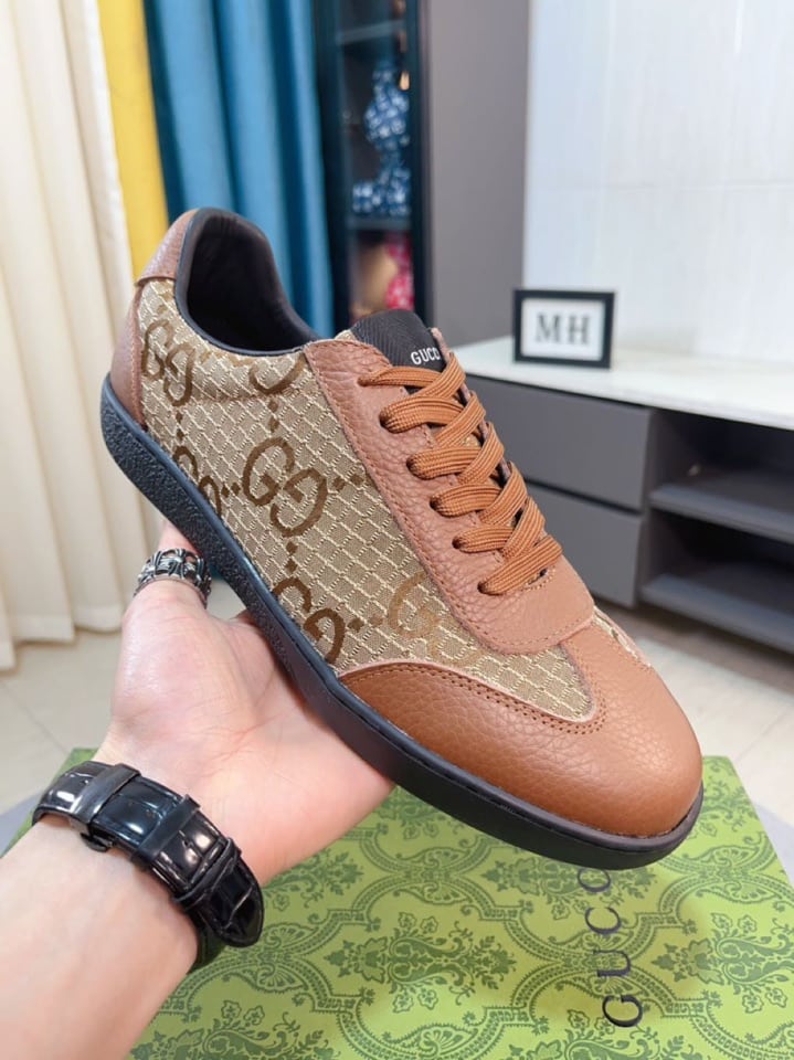 Gucci Gg Canvas And Leather Low Top Sneakers Brown
