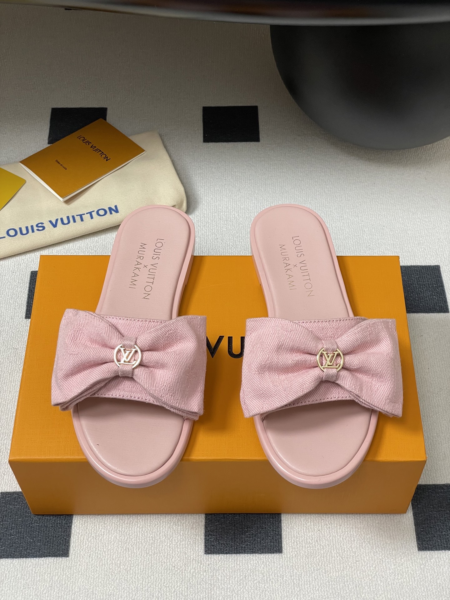 Louis Vuitton x Takashi Murakami Lily Flat Mule Bow Slide Sandals Black Canvas 1AGVYA