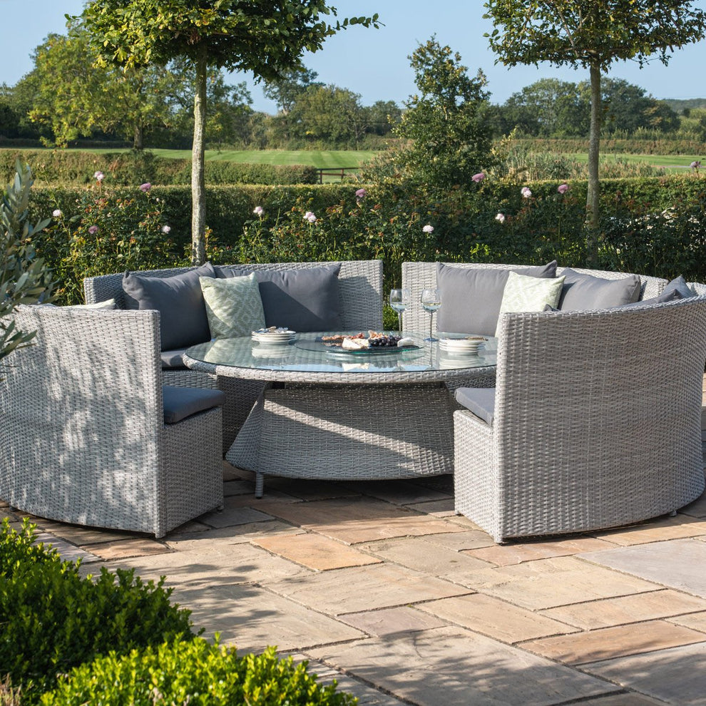 Round Rattan Sofa Dining Set with Rising Table & Weatherproof Cushions