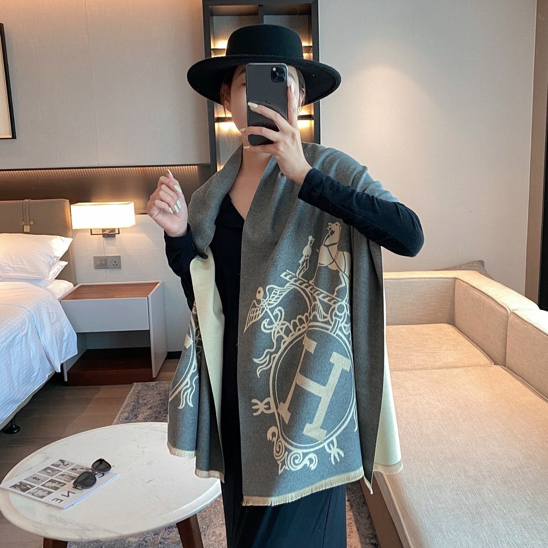 Hermes Cashmere Wool Scarf Wrap Shawl In Grey 180cm