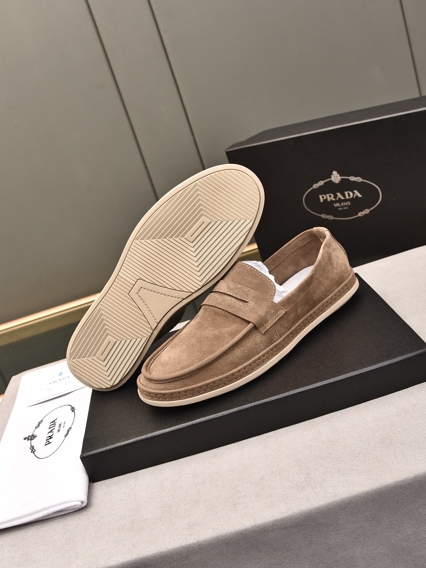 Prada Men’S Flat Loafers Suede Leather Brown