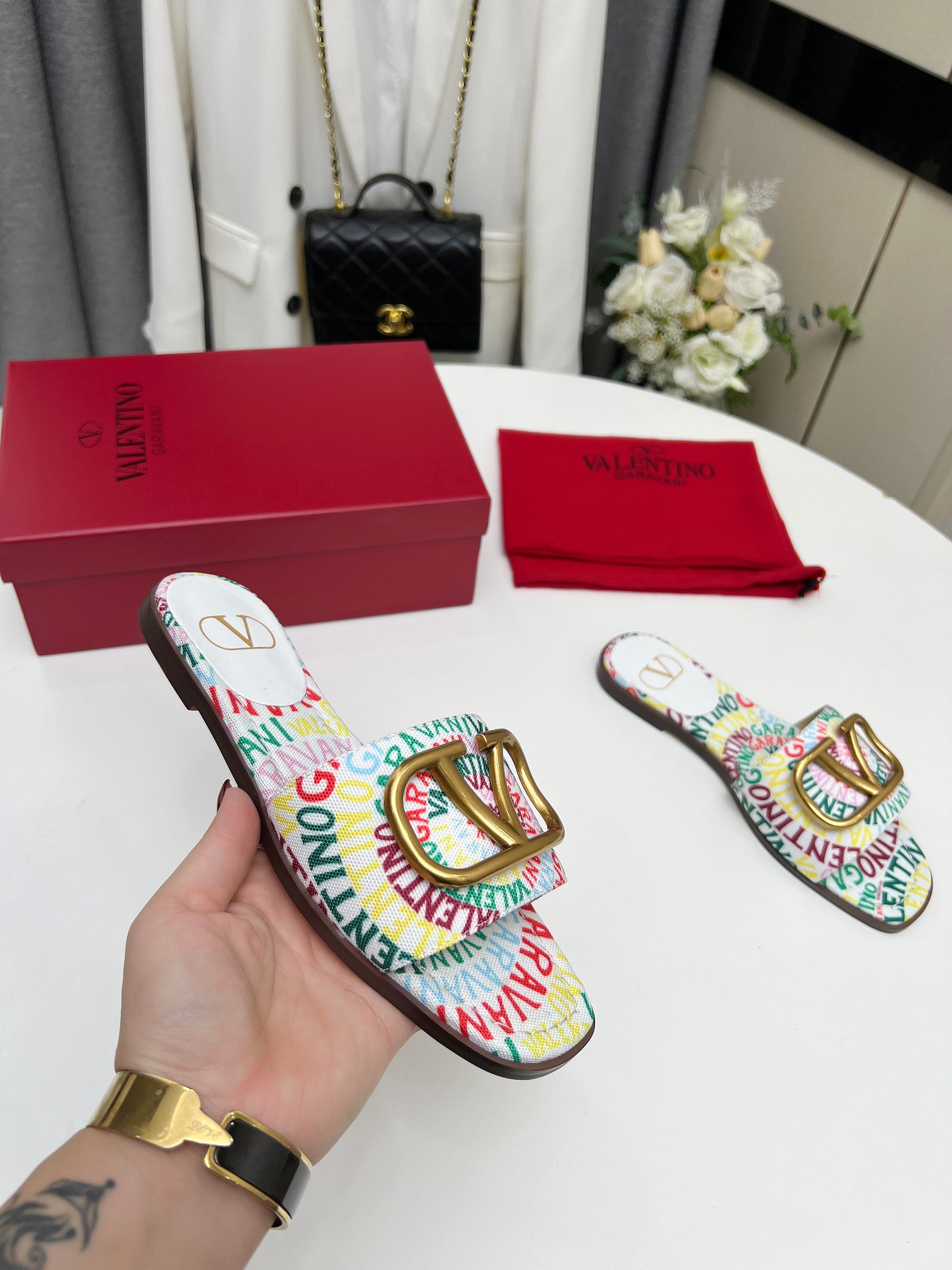 Valentino Garavani Escape Slide Sandal In Canvas With Valentino Loop Print Ws0Bd5Ful Qd7
