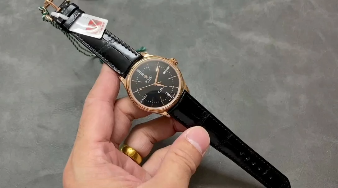 【Super Clone】Rolex Cellini Time 50505 Black Leather Strap Black Dial 39mm Mens Replica Watch