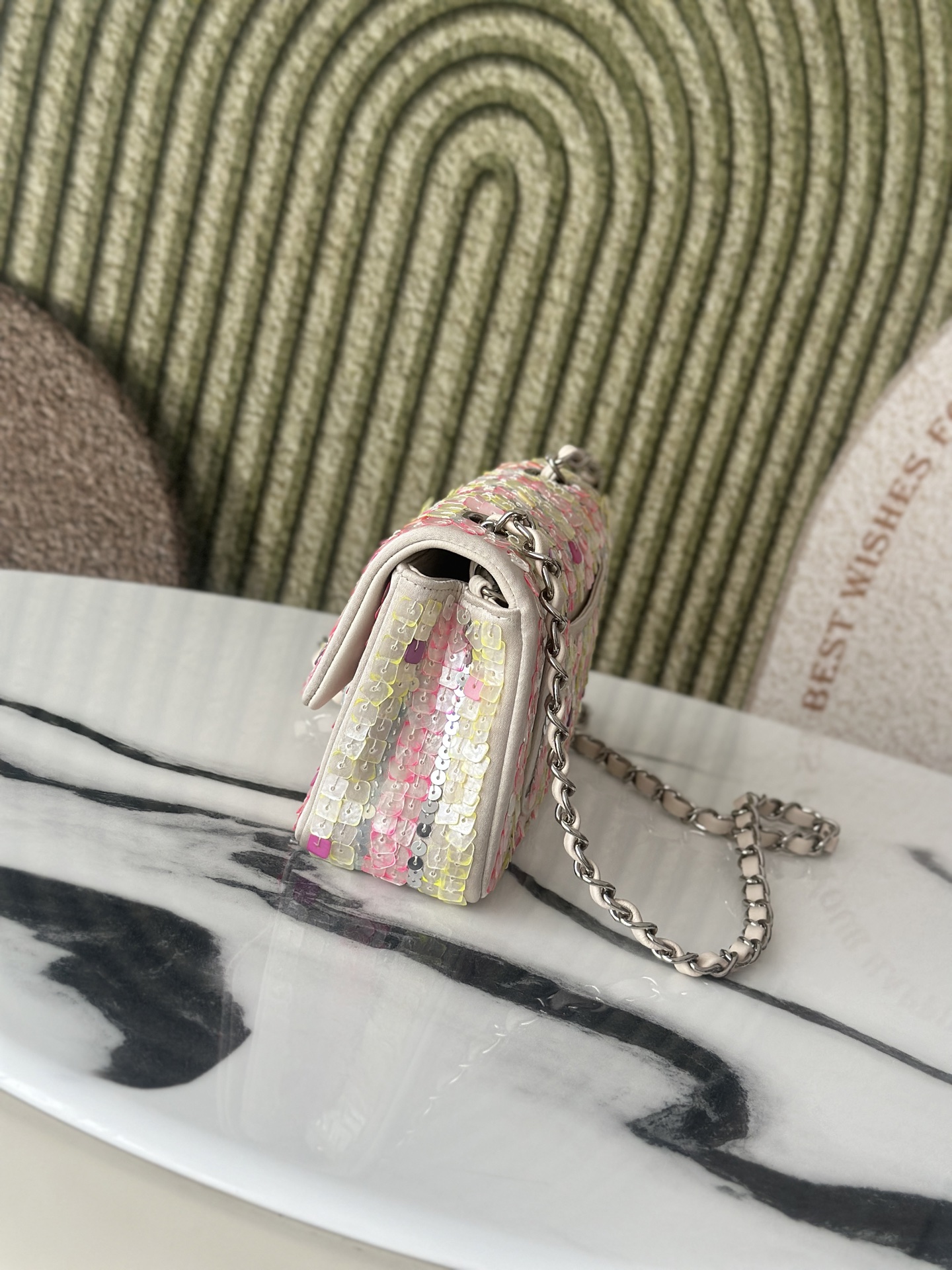 25C Mini Classic Flap Bag (AS3269) in Multicolor Striped Hand-Embroidered Sequins on Lambskin with Silver-Tone Hardware