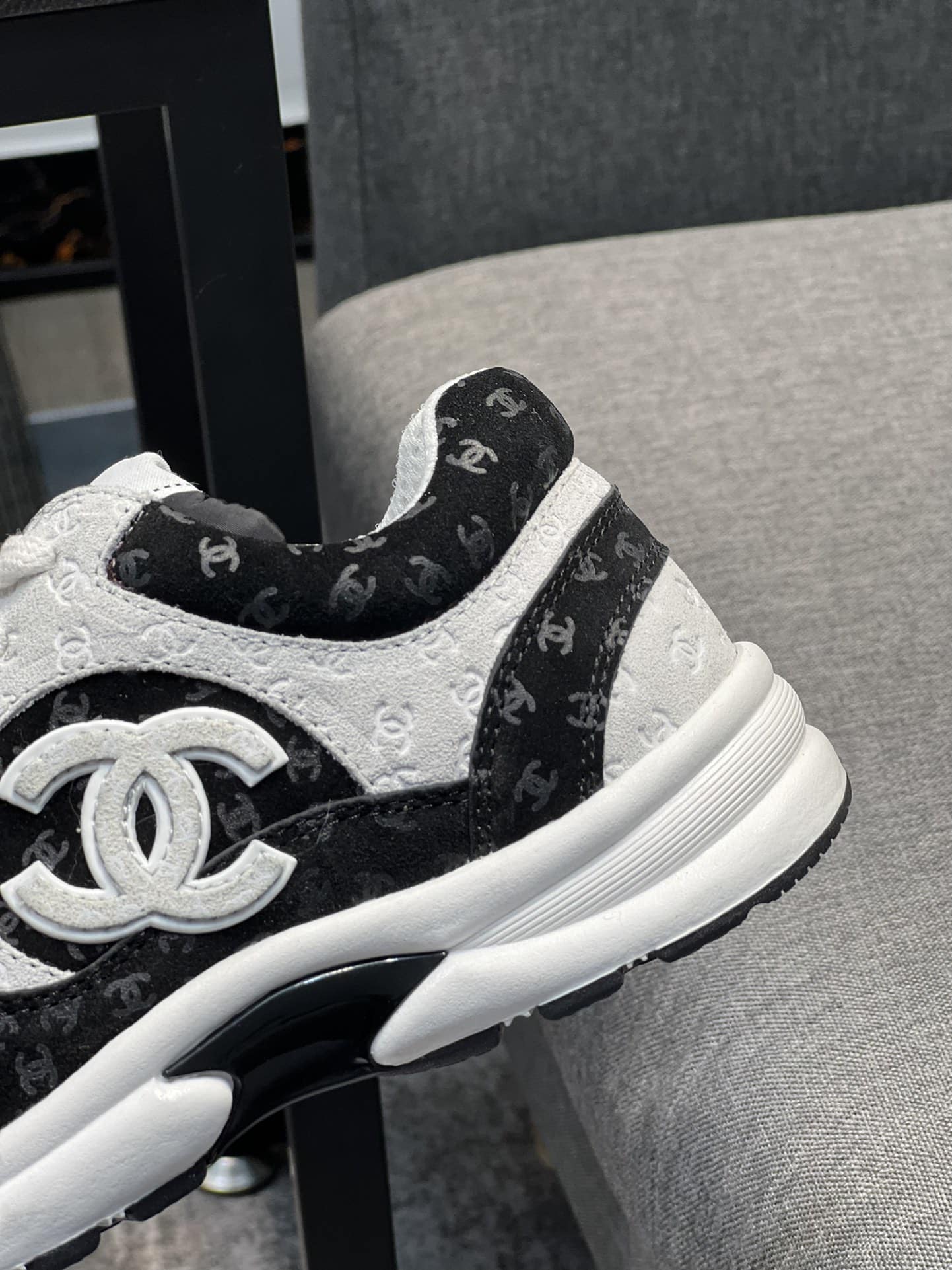 Chanel Cc Embossed Logo Suede Black White