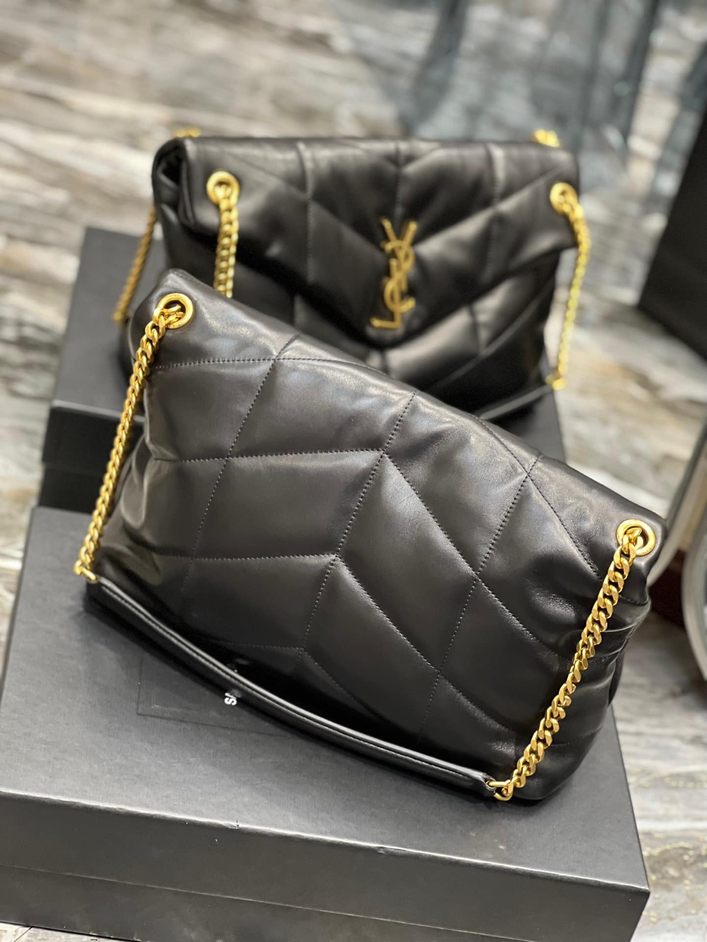 Saint Laurent Puffer Medium Chain Bag In Quilted Gold Toned Metal
