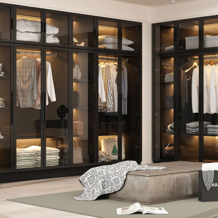 Wardrobe Closet with Glass Doors and LED Light Bar with 5-Tier Shelving and Rail , 47.2