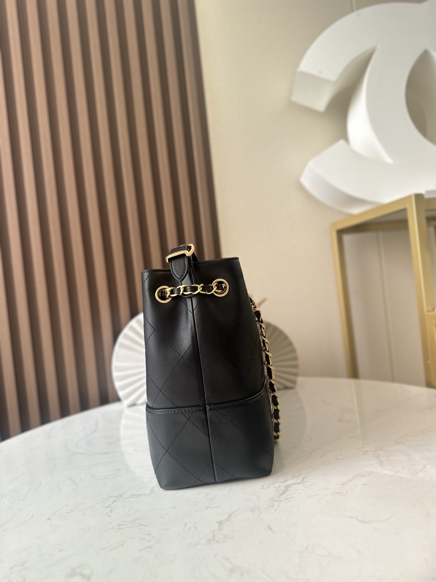 Black Calfskin Quilted Large Shopping Tote Bag