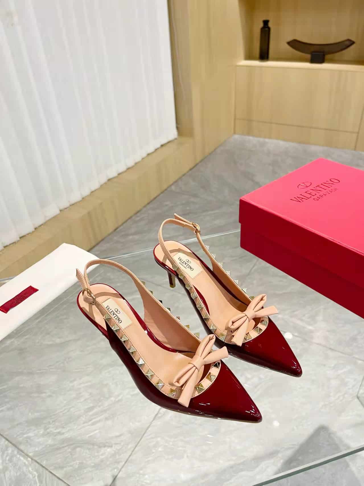 Valentino Rockstud Bow Slingback Pump In Patent Leather With Matching Studs Red