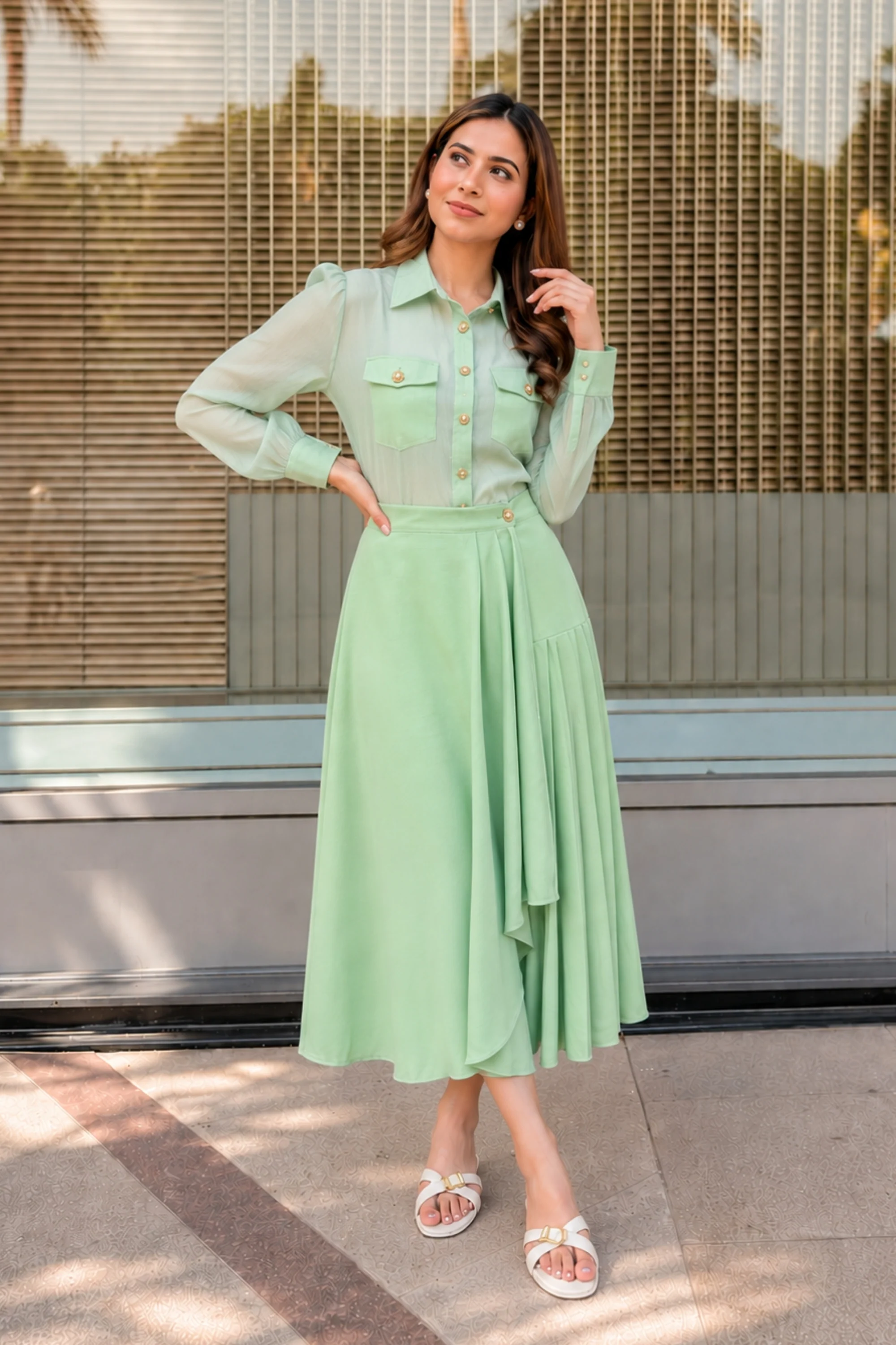 Mint Chiffon Pleated Skirt Co-ord
