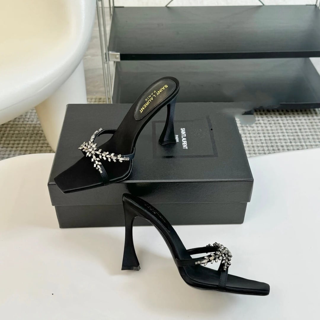 Saint Laurent Liz Mules In Satin And Rhinestones Black