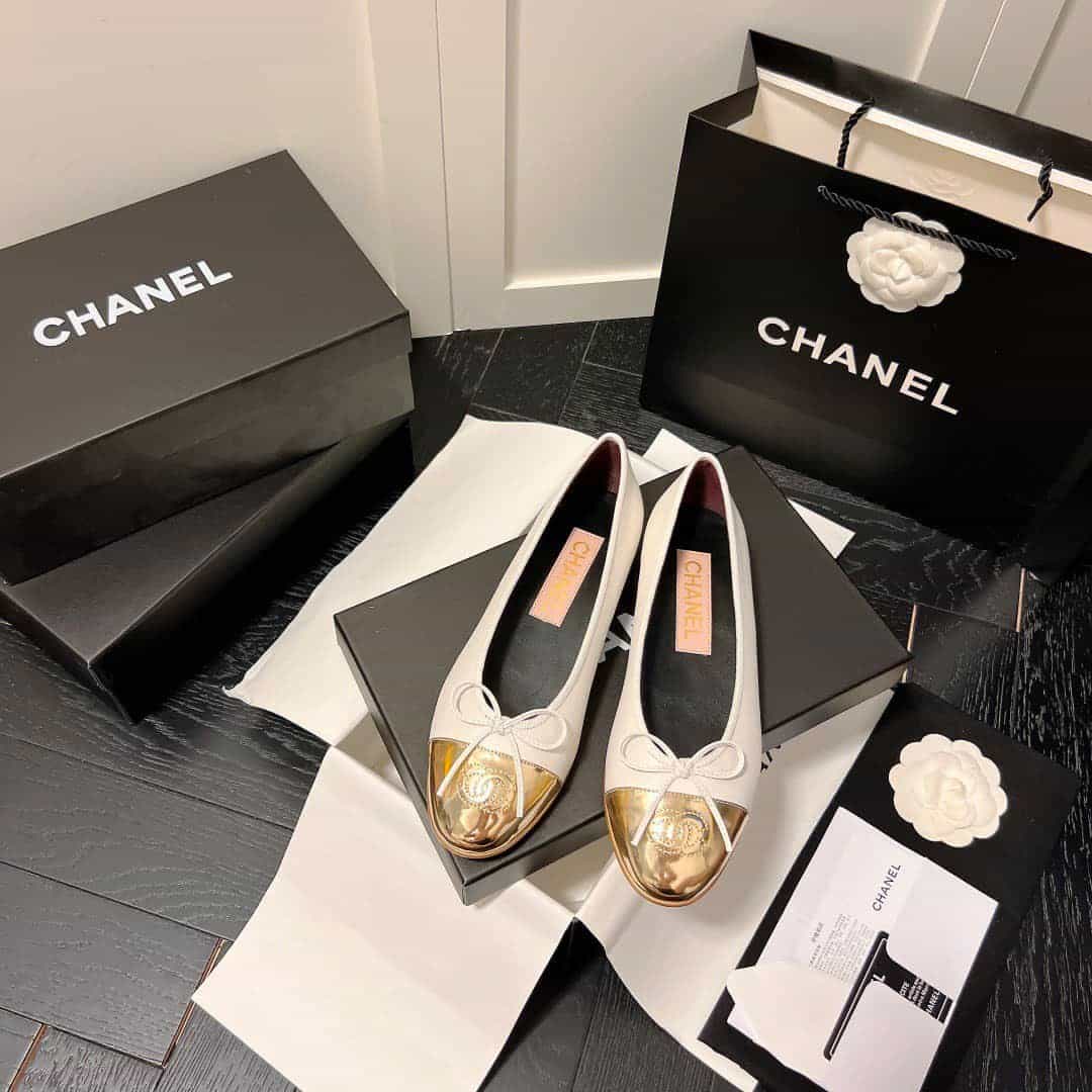 Chanel Leather Cap Toe Ballet Flats White Gold