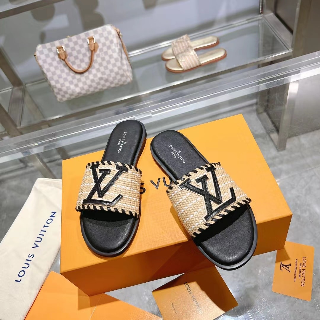 Louis Vuitton Lock It Flat Raffia Mules Black