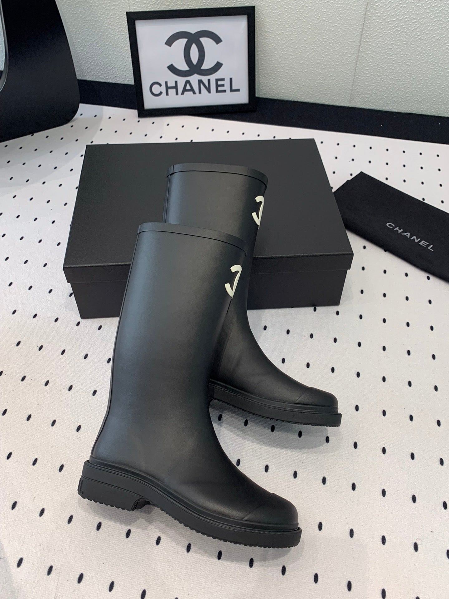 Chanel CC Logo Rain Boots Black Rubber Heel 47cm