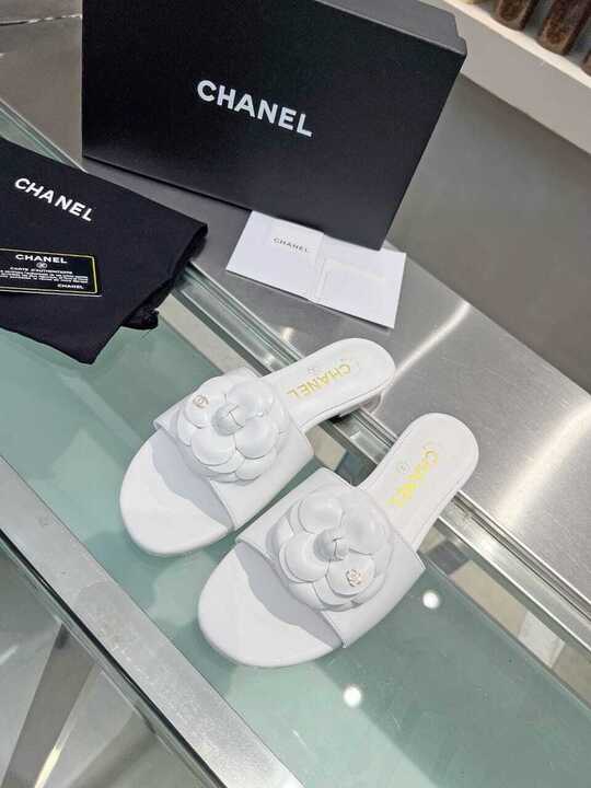 Chanel Camellia Slides White