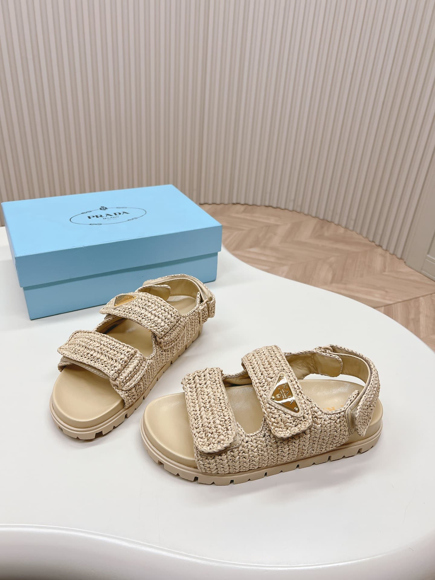 Prada Monolith Crochet Raffia Effect Sandals In Neutrals